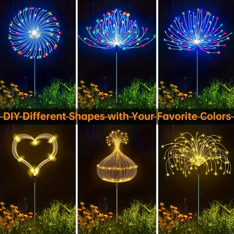 NEW Arrivals 4PCS Set Solar Garden Lights 200LED Waterproof Outdoor Lighting with Installation Hardware Firework Lights for Pathway Lawn Christmas Holiday Decoration Supplies