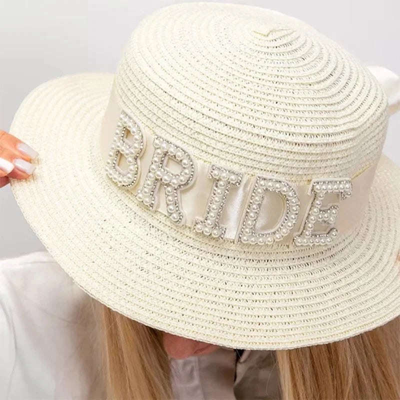 NEW Arrivals Summer Beach Wedding Decorative Bride Flat Top Straw Hat Pool Single Party New Bride Gift Bridal Shower Unisex Capacious Sunshade Hat