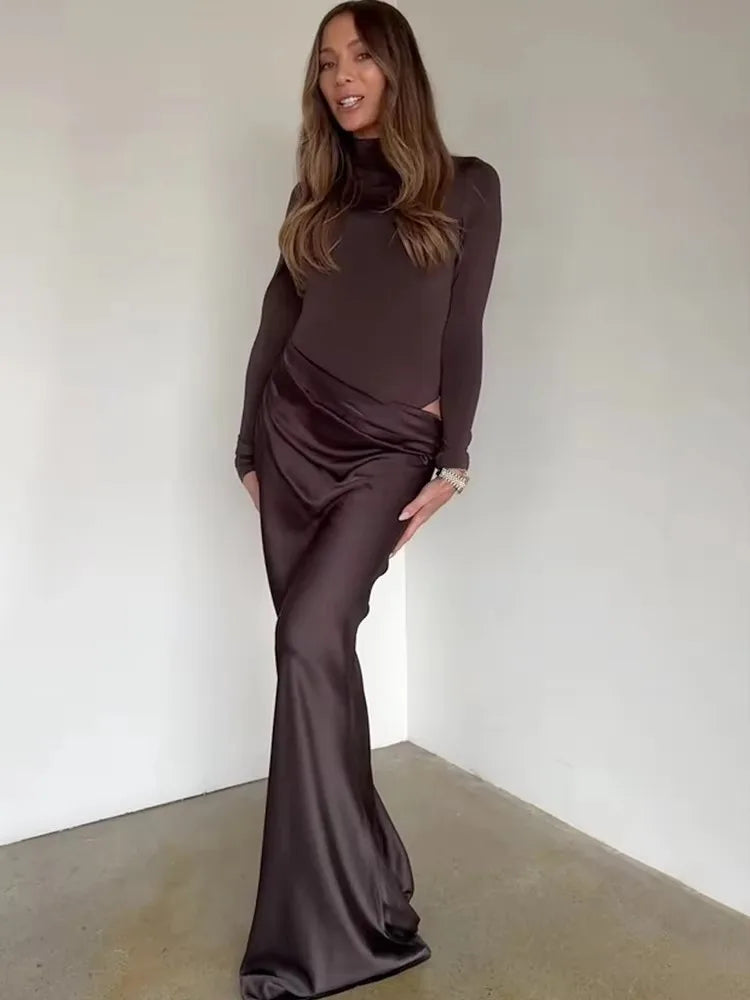 NEW Turtleneck Satin Sexy Hollow Out Zipper Women Maxi Dress Black Patchwork Long Sleeve Slim Elegant Party Evening Dress