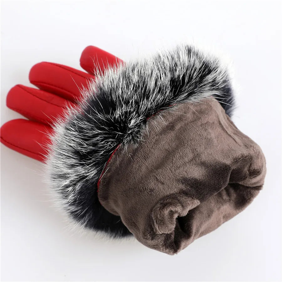 New Arrivals Women's Luxury Real Sheepskin Leather Gloves With Real Natural Rabbit Fur Cuffs Female Formal Evening Party Business Dinner Warm Gloves Fleece Lining Touch Screen Gloves Ladies Luxury Fashion Apparel Accessories