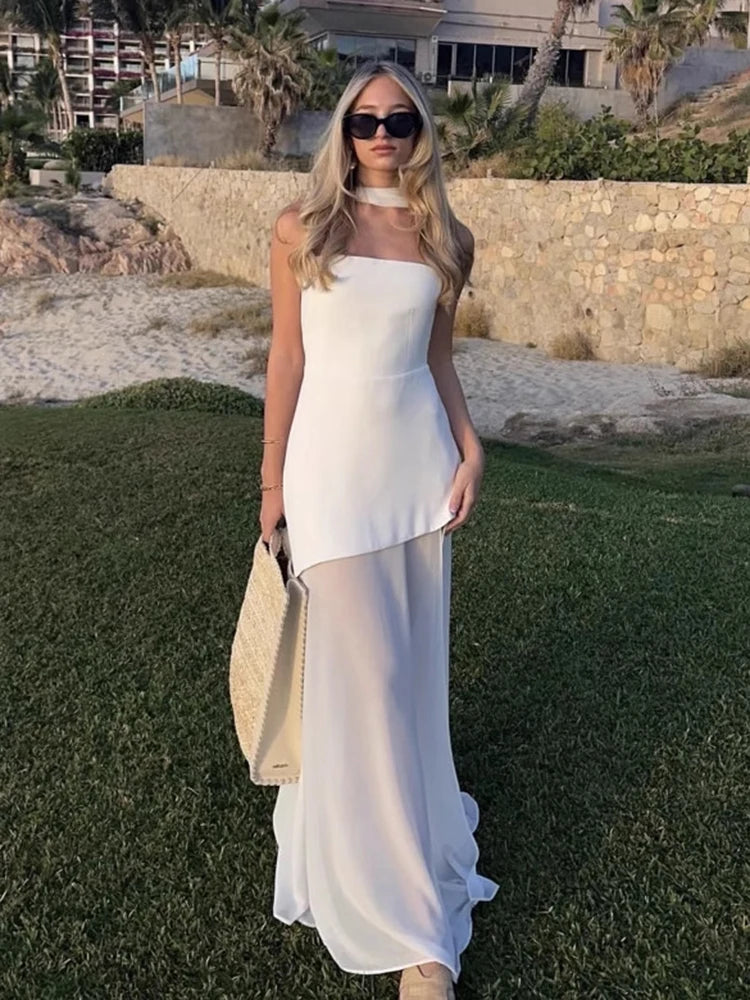 NEW Arrivals UK Size 4 Colors Italian Luxury Fashion Strapless Dress With Ribbon Female Elegant Sleeveless Mesh Evening Beach Night Club Sexy Long Dress Spring Summer Ladies Luxury Fashion Clothing Supplies