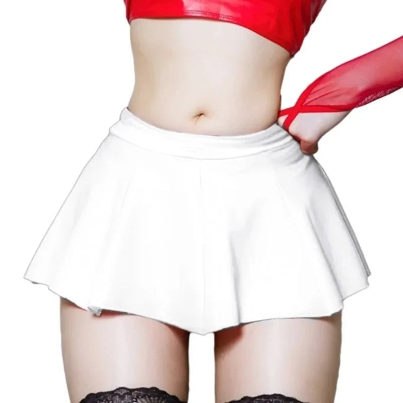 NEW White/Red Color Women PU Leather Pleated Sexy Mini Skirt Lingerie Hot Outfit Clubwear 449B Outwear Evening Party Night Club Rave Party Girls Sexy Hot Mini Skirts
