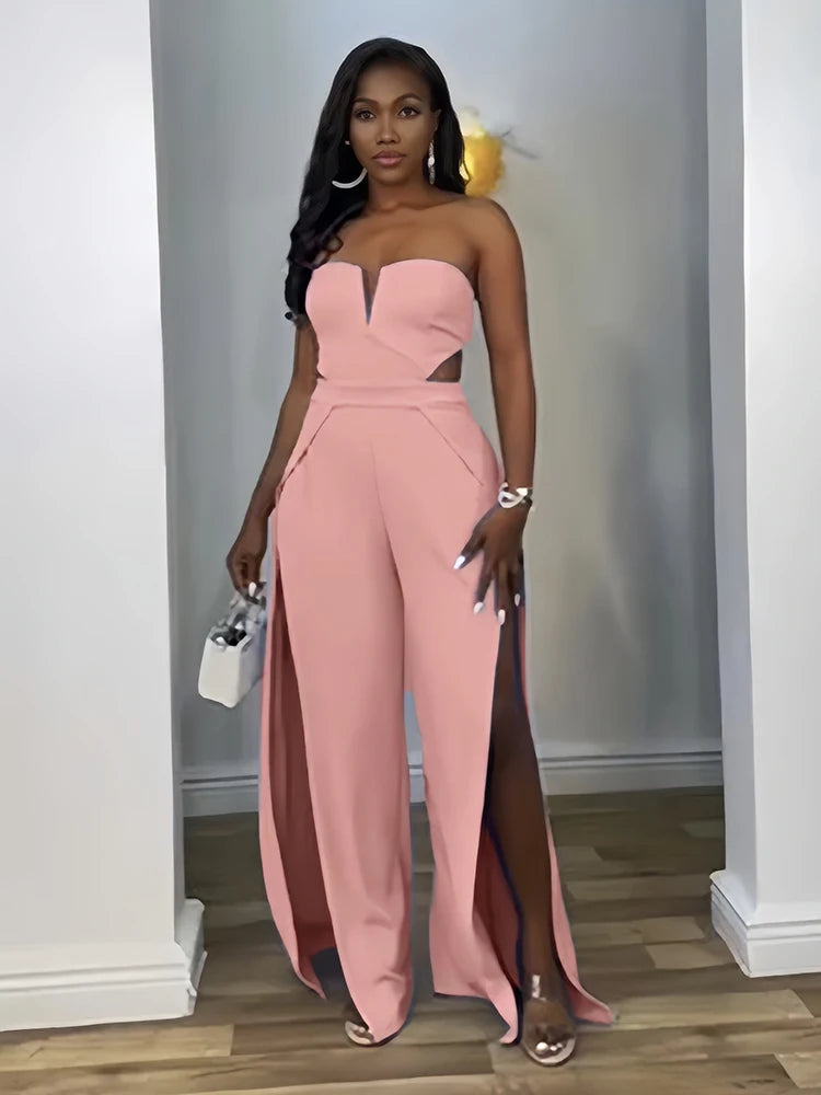 NEW Woman Summer Strapless Blue Jumpsuit with Trousers Solid Color Sexy Backless Jumpsuit Cut Out Waist Ladies Jumpsuit Side Slit
