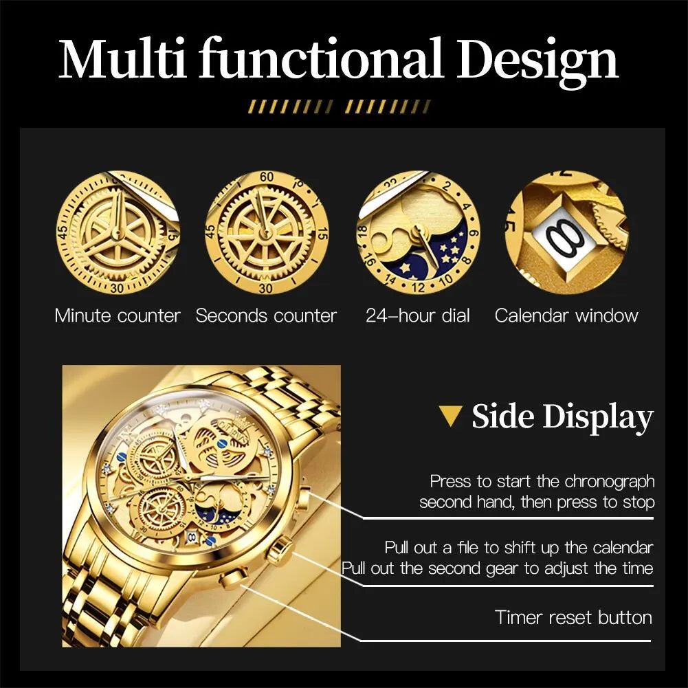 NEW 100% Original OLEVS Luxury Men's Watches Top Brand Luxury Original Waterproof Quartz Watch for Man Gold Skeleton Style 24 Hour Day Night Wristwatch Perfect Gift for Husband Boyfriend