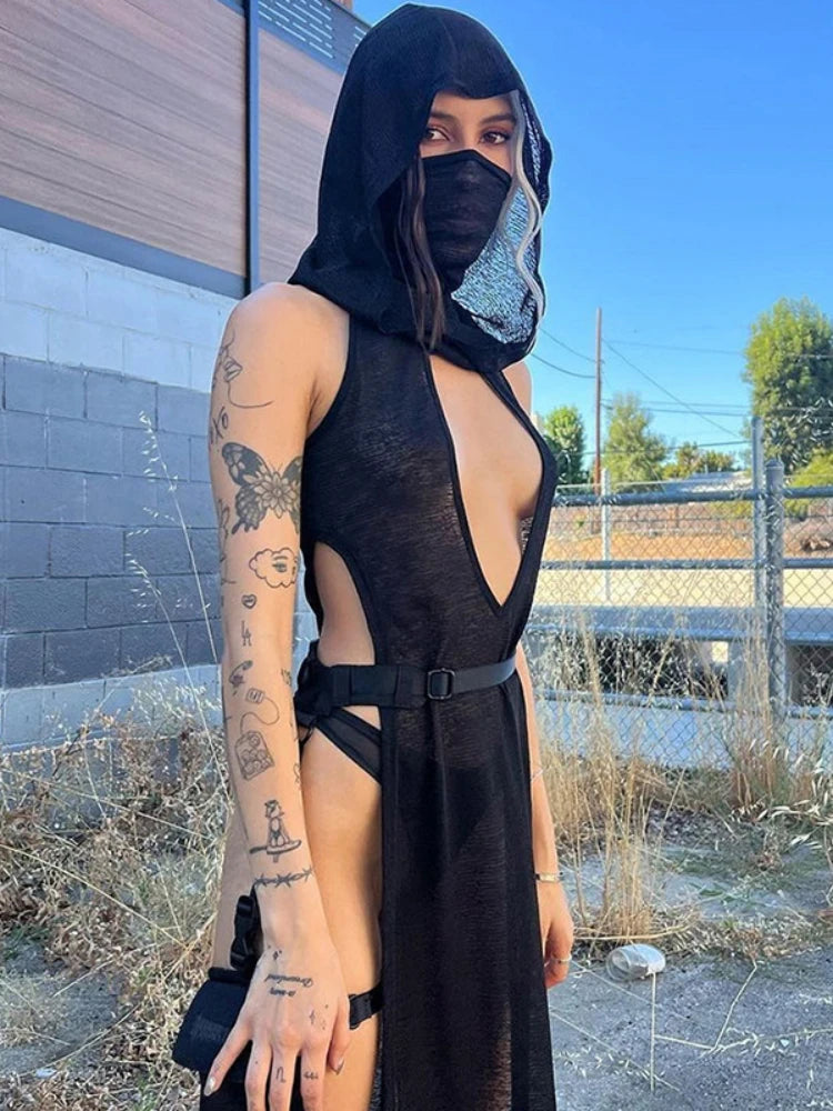 NEW Arrivals UK Size Sexy Punk Gothic Dress Women Vintage Streetwear Cyber Y2K Mesh Hollow Out Sleeveless Hooded Cut Out Butt Dress EMO Alt Grunge Clothes
