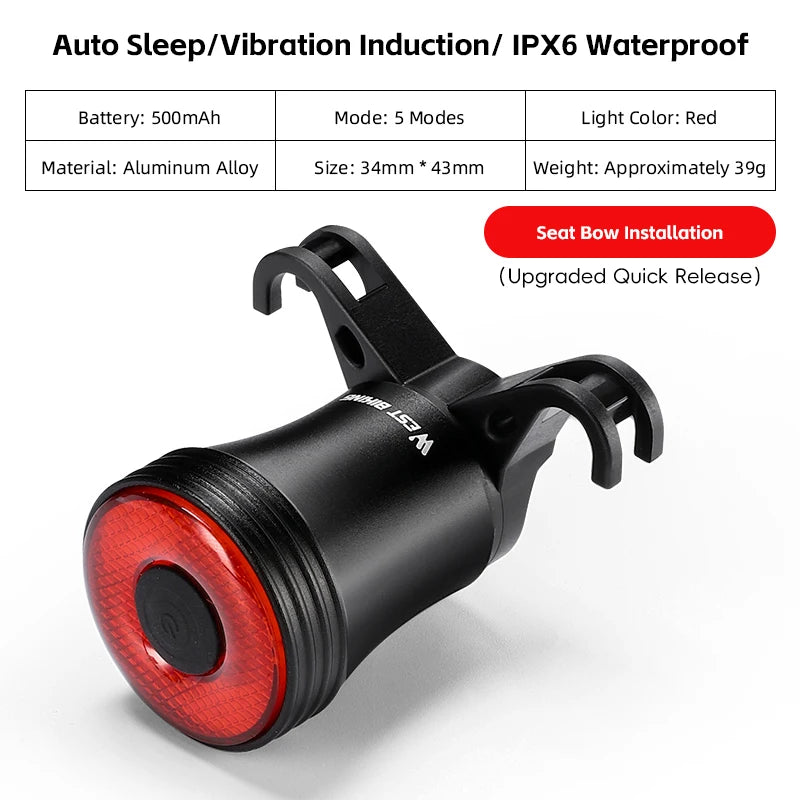NEW 500mAH Bike Smart Induction Taillight Bright LED Lamp Beads Rear Light MTB Road Bike Waterproof Aluminum Alloy Tail Light Bicycle Lighting Accessories Sports Supplies