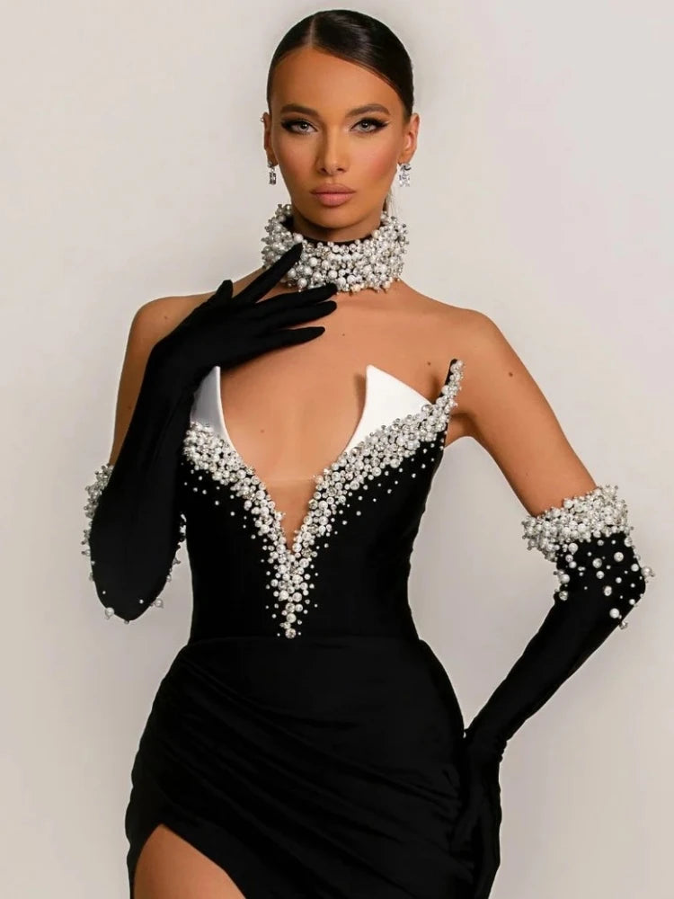 NEW Arrivals UK Size Sexy Strapless Pearls Diamonds Long Luxury Velvet Dress With Gloves Women Black Velvet Sleeveless Beaded Split Maxi Dresses Celebrity Evening Party Gown Ladies Luxury Fashion Clothing Supplies