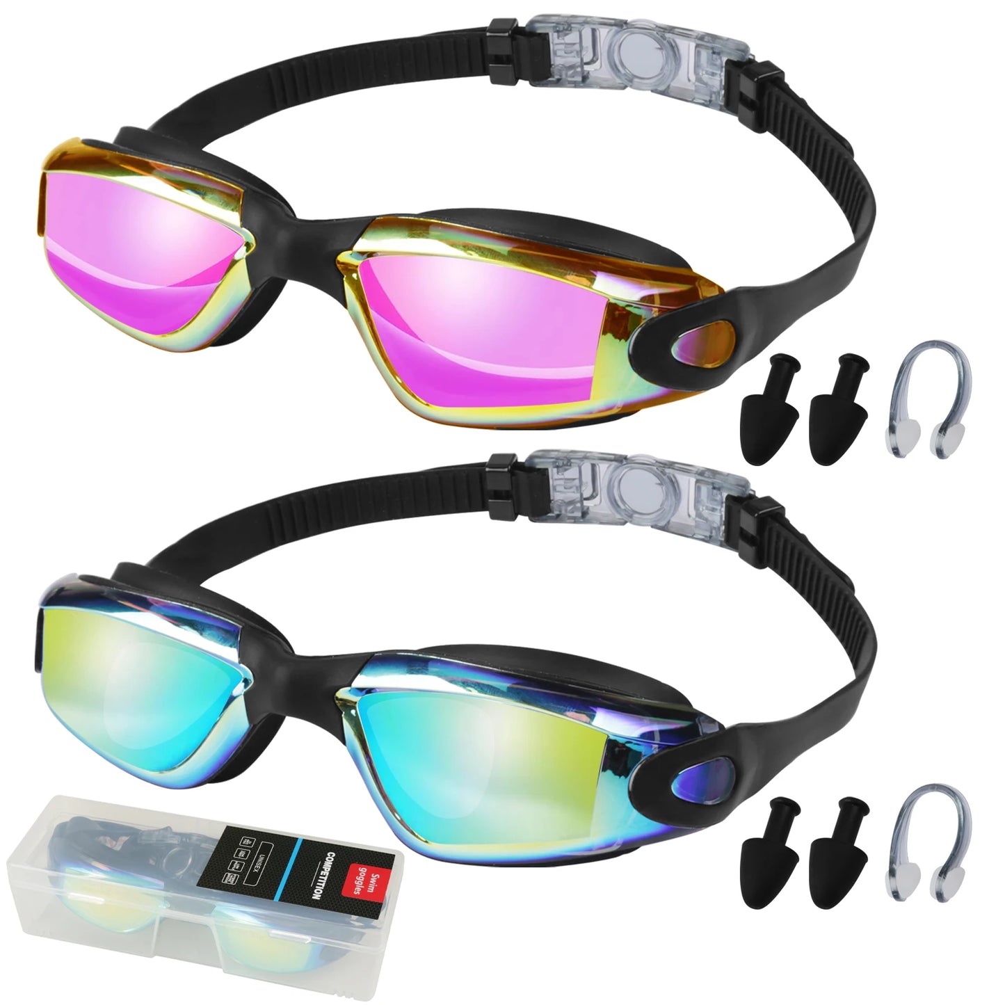2PCS Goggles Adults/Children Set + Earplugs No Leaking Anti Fog Professional Swimming Goggles Adjustable with Earplugs Storage Box Swimming Water Pool Glasses for Beach Swim Sports Adults Kids