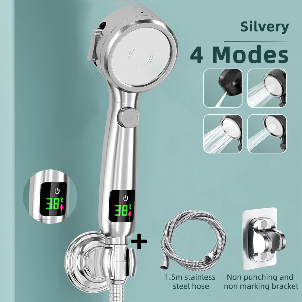High Pressure Handheld Bathroom Shower Head Water Saving Showerhead Pressurized Adjustable Spray LED Digital Temperature Display
