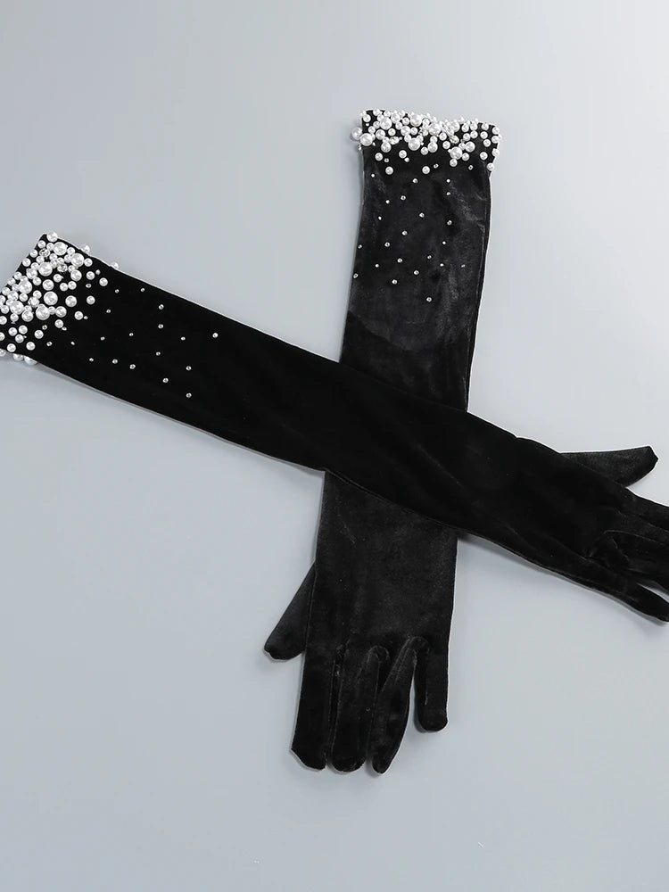 NEW Arrivals UK Size Sexy Strapless Pearls Diamonds Long Luxury Velvet Dress With Gloves Women Black Velvet Sleeveless Beaded Split Maxi Dresses Celebrity Evening Party Gown Ladies Luxury Fashion Clothing Supplies