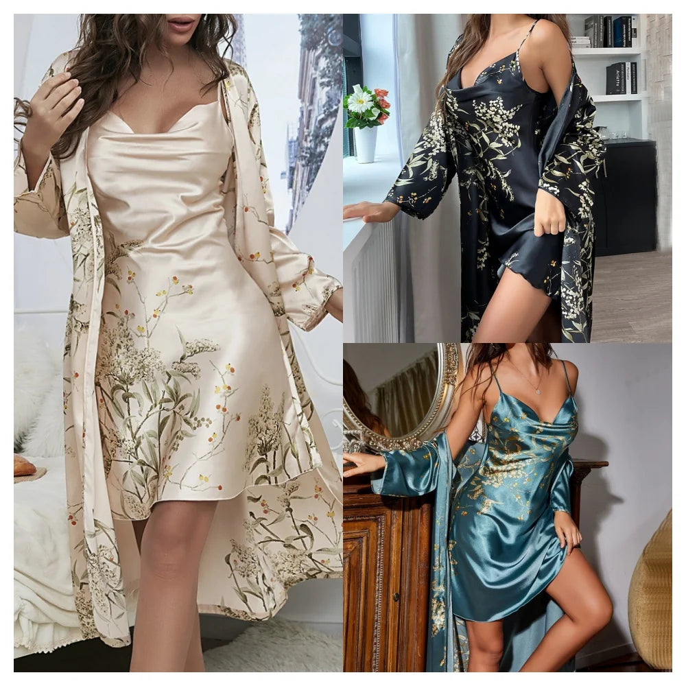 2PCS Luxury Set Women Four Seasons Sleepwear Nightgowns Pajamas With Suspenders Girls Nightdress Long Sleeve Night Robe Sexy Loungewear V-Neck Lace Up Ladies Luxury Lingerie Underwear Fashion Clothing Products