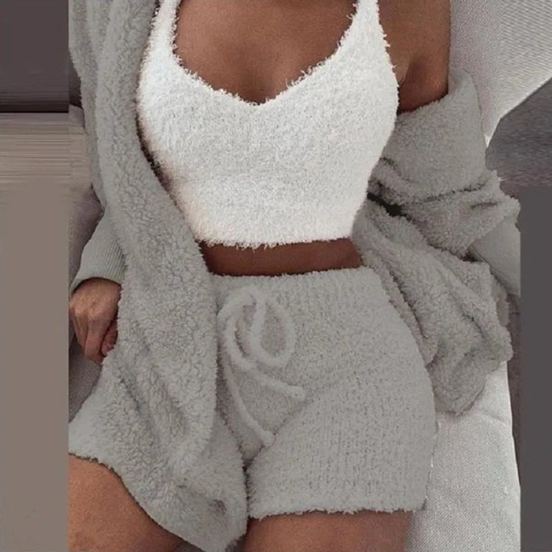 NEW Arrivals S-3XL PLUS SIZE 3PCS/Set Thickened Fluffy Winter Warm Sleepwear Winter Women Long Plush Long-Sleeved Revealing Vest Shorts Student Home Wear Solid Fashion Ladies Girls Apparel Supplies