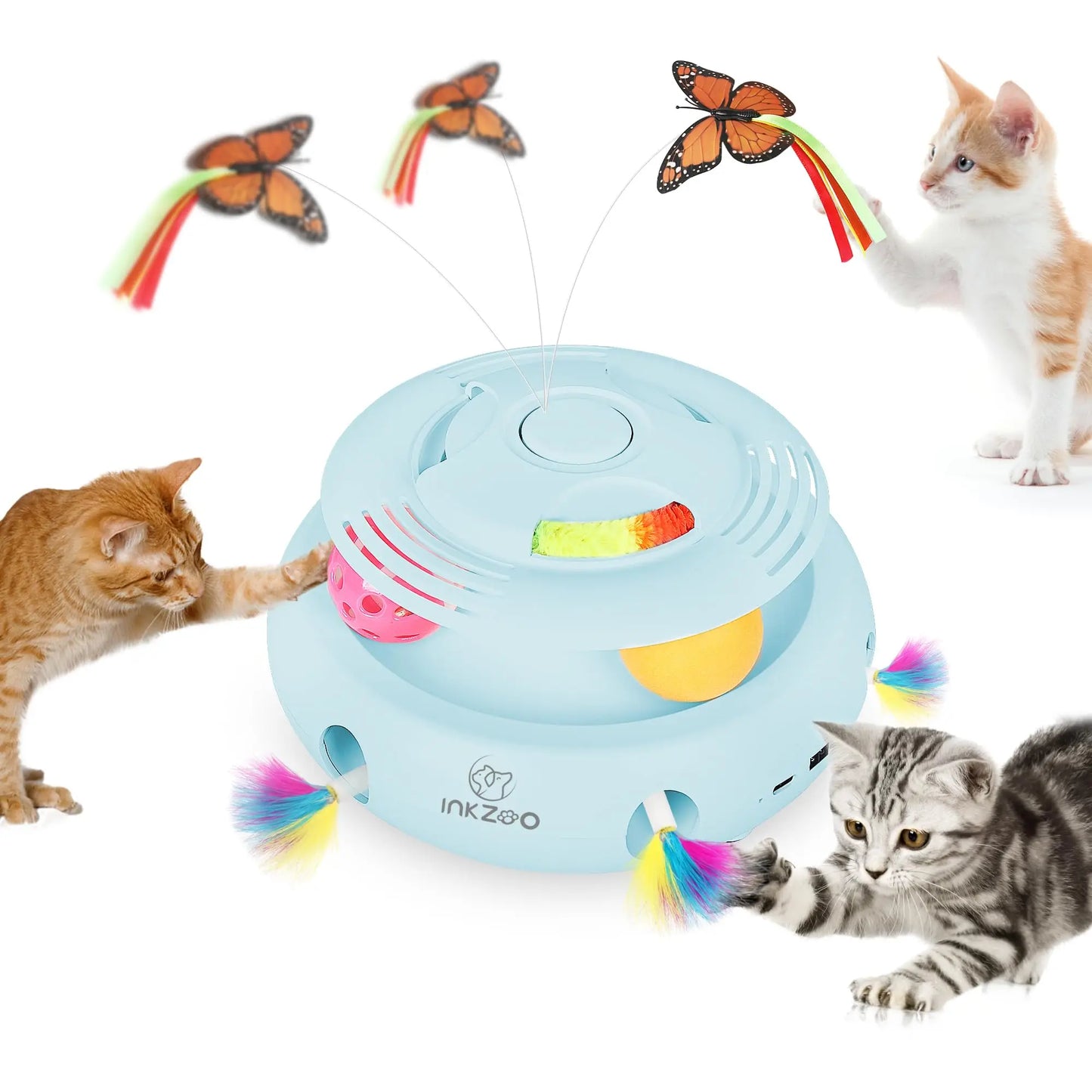 NEW Arrivals 4-in-1 Set Interactive Cat Toys for Indoor Cats, Automatic 6 Holes Mice Whack-A-Mole, Fluttering Butterfly, Track Balls, USB Rechargeable Pets Interactive Toys Accessories Training Games Supplies