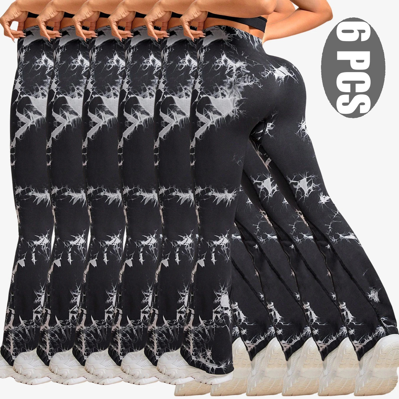 NEW Arrivals 6PCS Set Tie Dye Seamless Yoga Pants Flared Trousers High Waist Butt Lifting Sportswear Women Gym Training Fitness Sports Pants