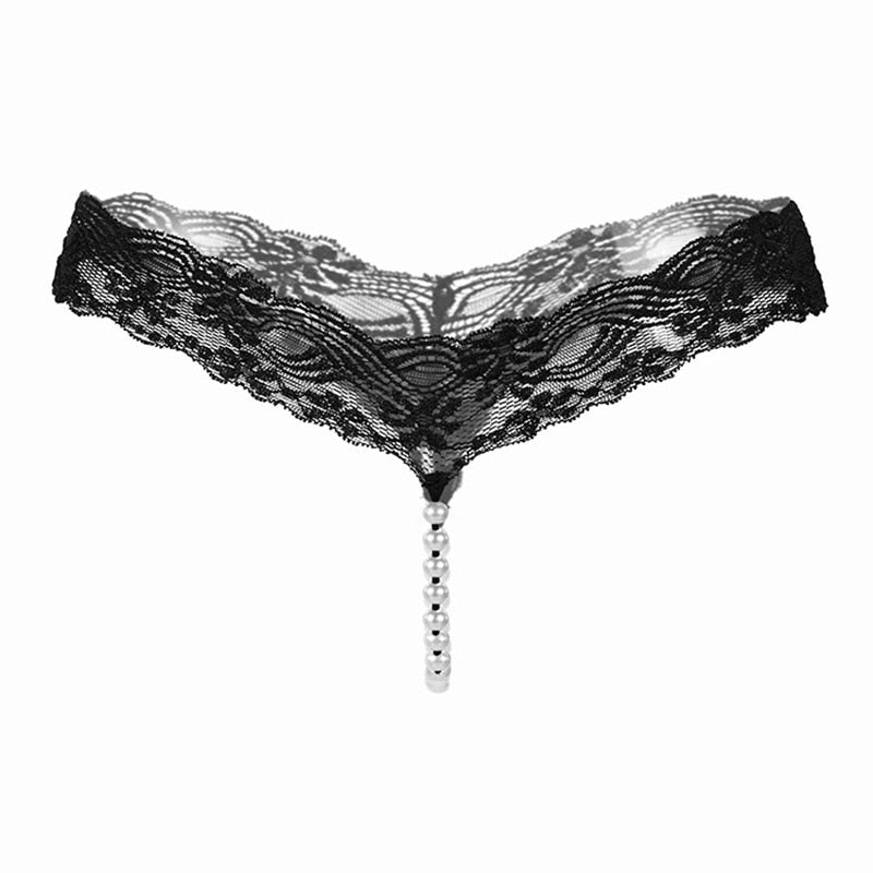 Pearl Massage Sexy Thong Hot Lace Embroidery Transparent Panties Women Sexy Lingerie Low Waist Hollowed Out T-back Femme Tangas