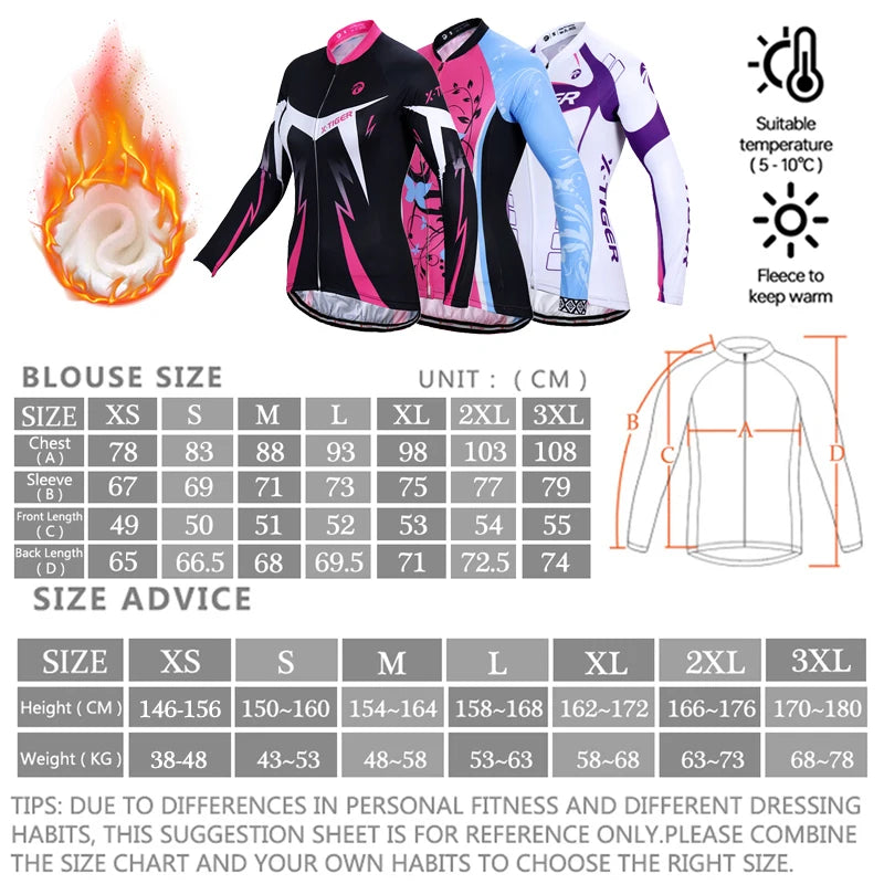 NEW Arrivals S-3XL Plus Size X-TIGER Women's Winter Thermal Cycling Jersey -5-10℃ Outdoor Sports Warm Fleece Fabric Long Sleeve Sportswear with Back Storage Pockets