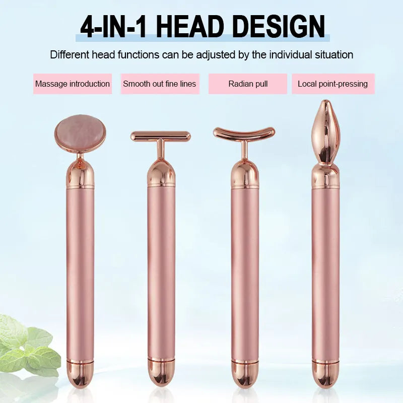 24K Gold Beauty Bar Face Massager Electric Vibrating Rose Quartz 3D Massager Roller Face Lifting Body Facial Gua Sha Jade Roller