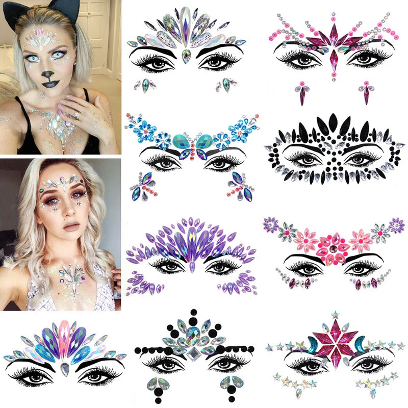 3D Sexy Face Tattoo Stickers Temporary Tattoos Glitter Fake Tattoo Rhinestones For Woman Party Face Jewels Tatoo