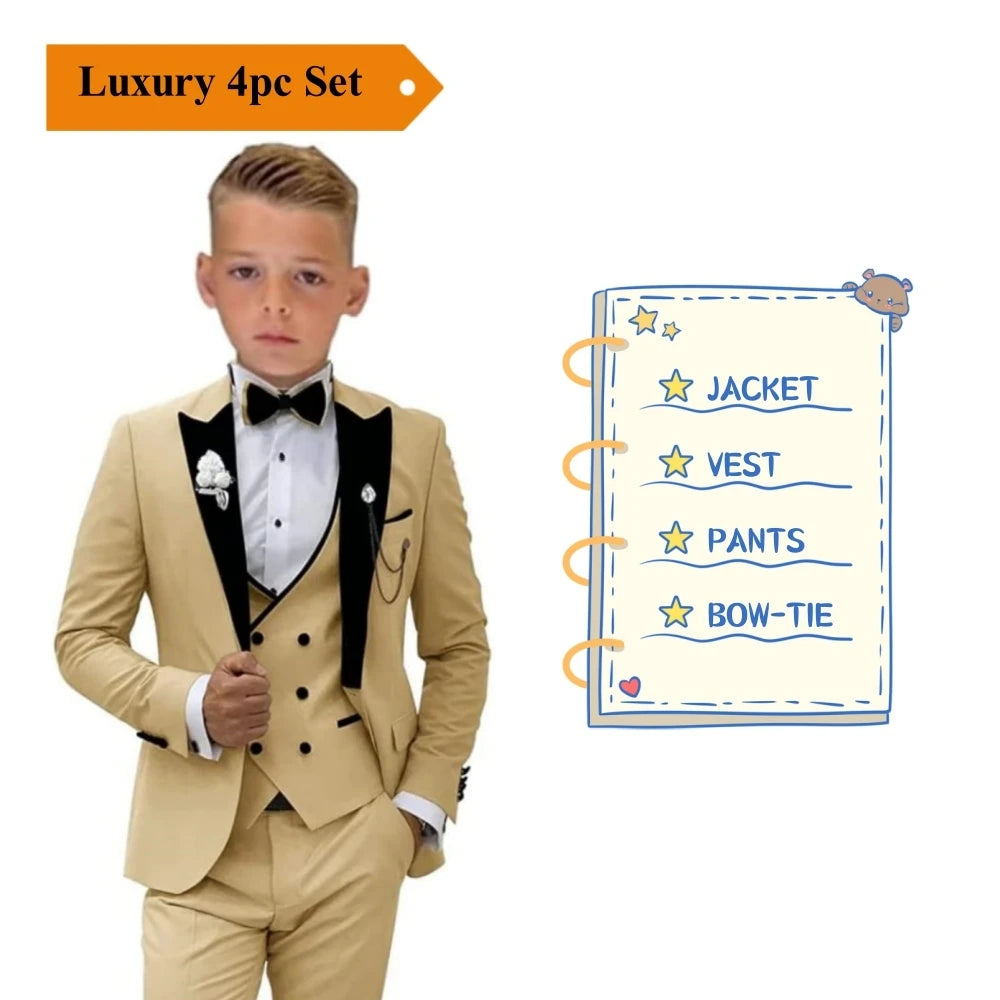 NEW Arrivals 4PCS Set Luxury Tuxedos Suit Set 2-14 Years Single Button Boy's Wedding Guest Birthday Evening Party Formal Events Suits Blazer Vest Pants Suit Children Luxury Fashion Clothing Supplies Apparel Products