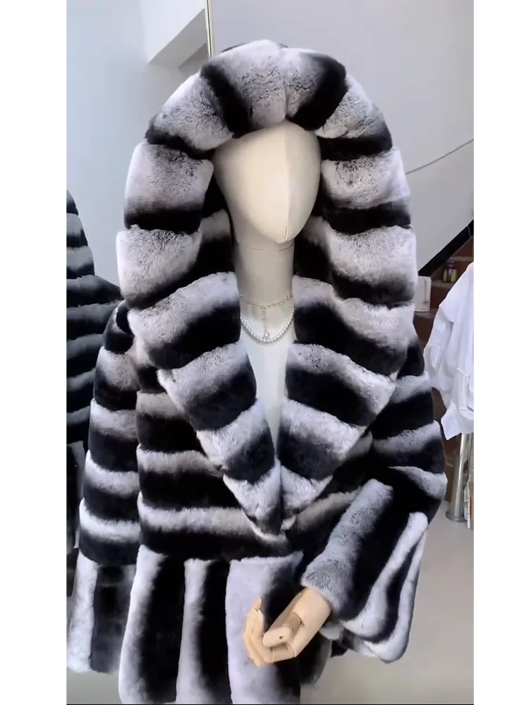NEW Arrivals S-3XL Real Rex Rabbit Luxury Fur Coat with Hood for Women, Luxury Jacket, Chinchilla Color, Ladies Girls Winter Fashion Clothing Products