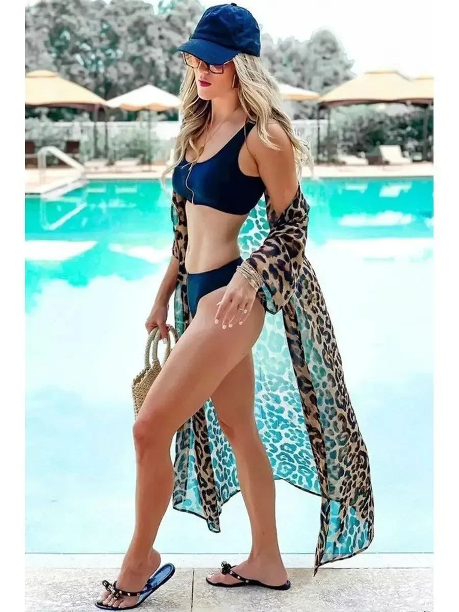 NEW Sexy Chic Long Dress V-Neck Color Block Leopard Belted New Holiday Bikini Cover-Up Beach Skirt Maxi One Piece Women's Gown