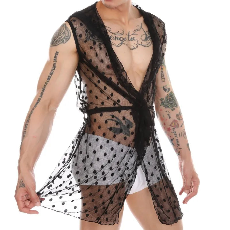 Lingerie Men Lace Hooded Night Robe Nightshirts Exotic See Through Slip Homme Hoodies Bathrobes Gay Nightrobe Robes Nightwear