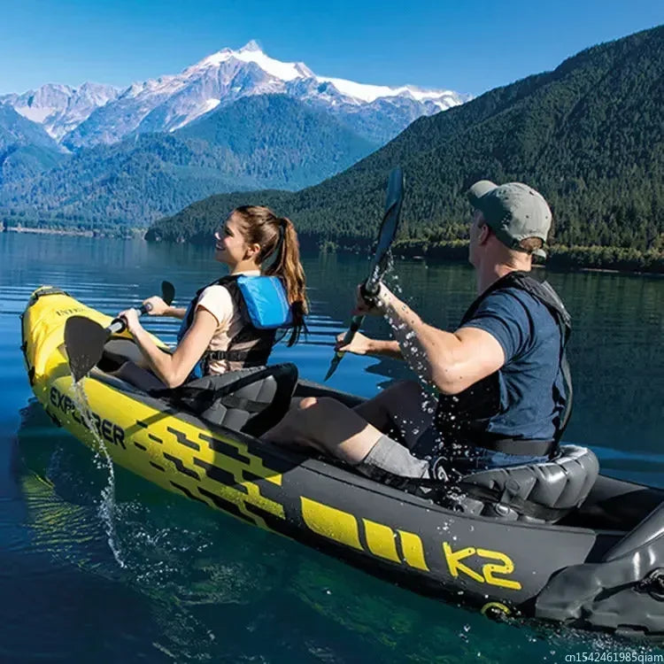 NEW 2 Persons Full Set + Life Jackets Inflatable Kayak Boat Rubber Boat Drifting Single Adjustable Double Assault Boat Drifting Kayak Outdoor Fishing Beach Sea River Boat Sports Supplies