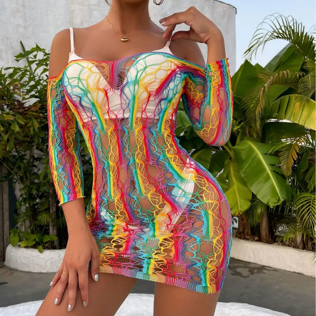 European and American Fun Underwear Rainbow Colorful Wrapped Hip Skirt Sleeves 3-piece Set of Fun Network Clothes