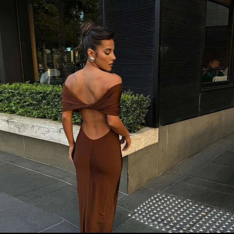 Elegant Off Shoulder Maxi Dress Club Party Outfits Women Back Split Sexy Backless Bodycon Dresses
