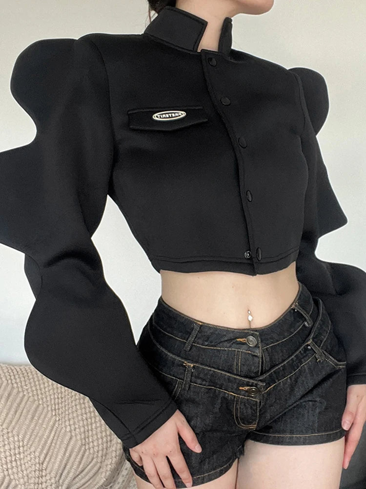 NEW Arrivals Solid Black Autumn Winter Women Jacket Fashion Stand-Up Collar Single-Breasted Lantern Sleeve Female Evening Rave Party Night Club Coat Streetwear Girls Casual Fashion Apparel Supplies