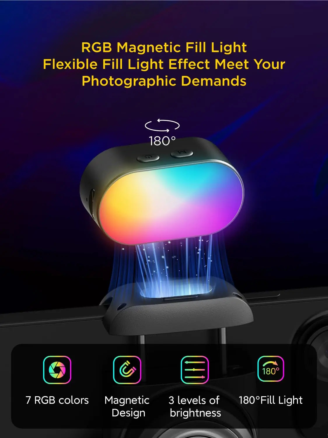 RGB Magnetic Fill Light for Gimbal LED Video Photography Light 3 Brightness and 7 Color Adjustment for Phone Selfie Live Streaming Mobile Cell Products Accessories Electronic Supplies