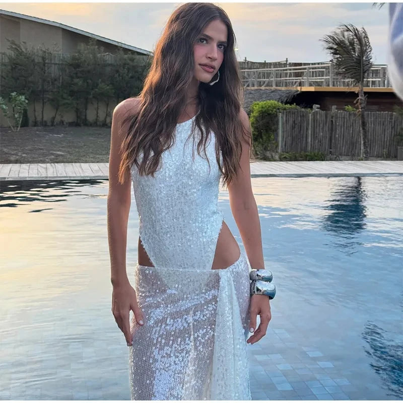 NEW Arrivals UK Size Sequins Glitter Skirt Set Woman New Summer Sexy Sleeveless Tank Jumpsuits + Ribbon Side Split Long Skirts Party Holiday Sets Evening Beach Party Night Club Outfit