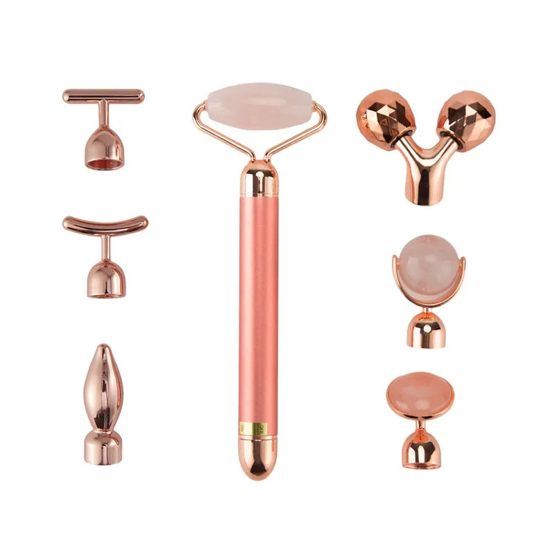 24K Gold Beauty Bar Face Massager Electric Vibrating Rose Quartz 3D Massager Roller Face Lifting Body Facial Gua Sha Jade Roller