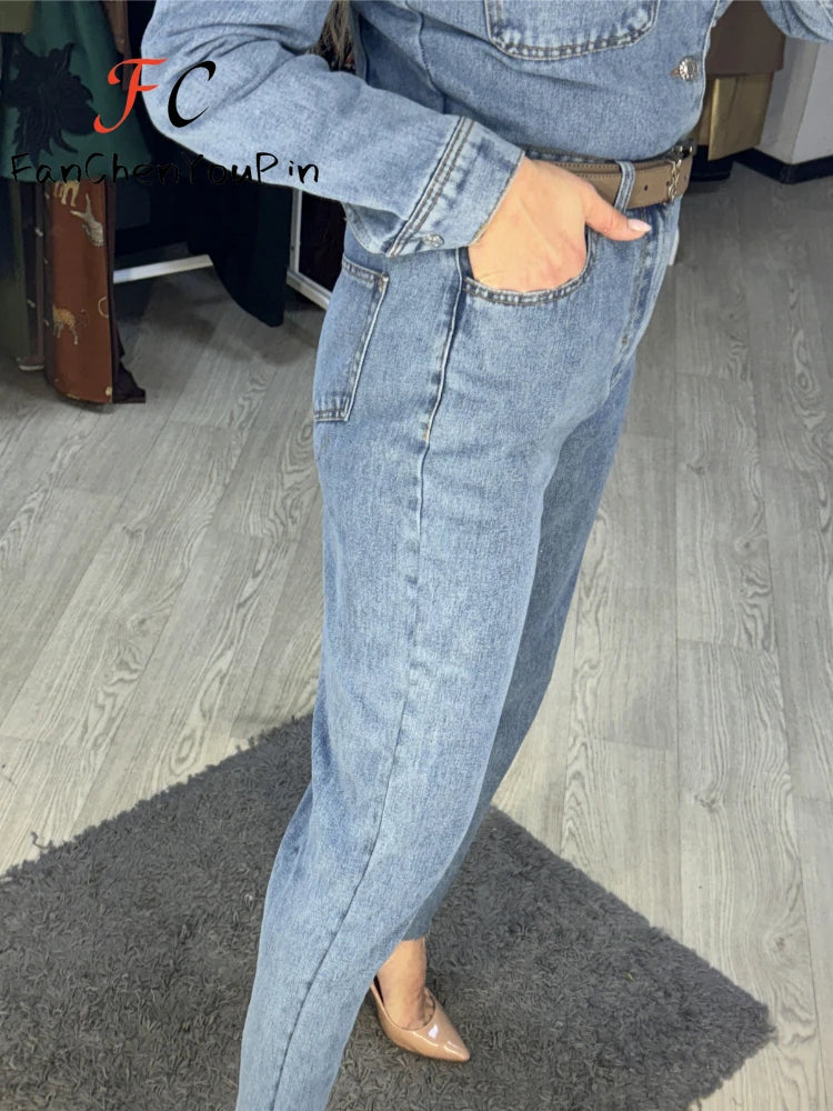 Spring New Women's Pants Suit Fashion Vintage Casual Temperament Long Sleeve Straight Leg Exquisite Denim Jumpsuit Female