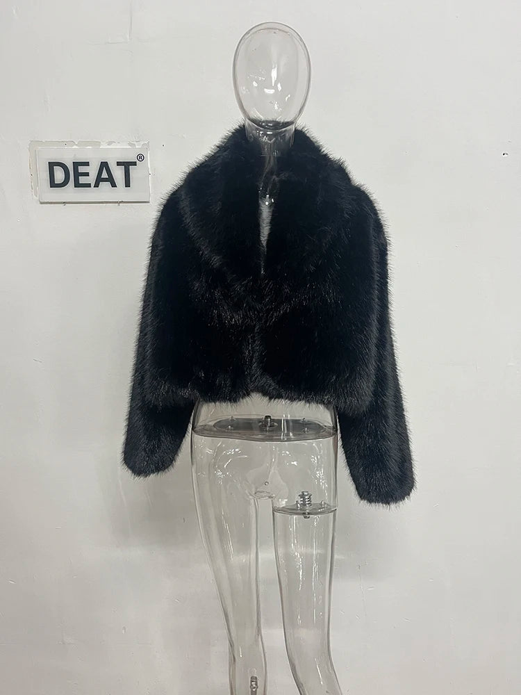 NEW Arrivals UK Size Italian Fashion High Quality Faux Fur Coat Women's Lapel Loose Long Sleeve Black Thick Warm Plush Short Jacket Winter Evening Party Night Club Outerwear New Girls Luxury Fashion Clothing Supplies