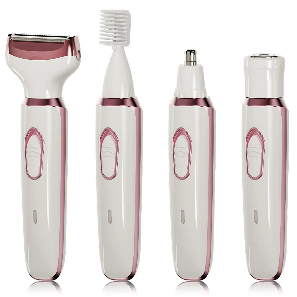 NEW 4-in-1 Set Rechargeable Electric Razor for Women - Face, Nose, Legs, Underarm, Bikini Trimmer - Wet & Dry, Painless Grooming Kit