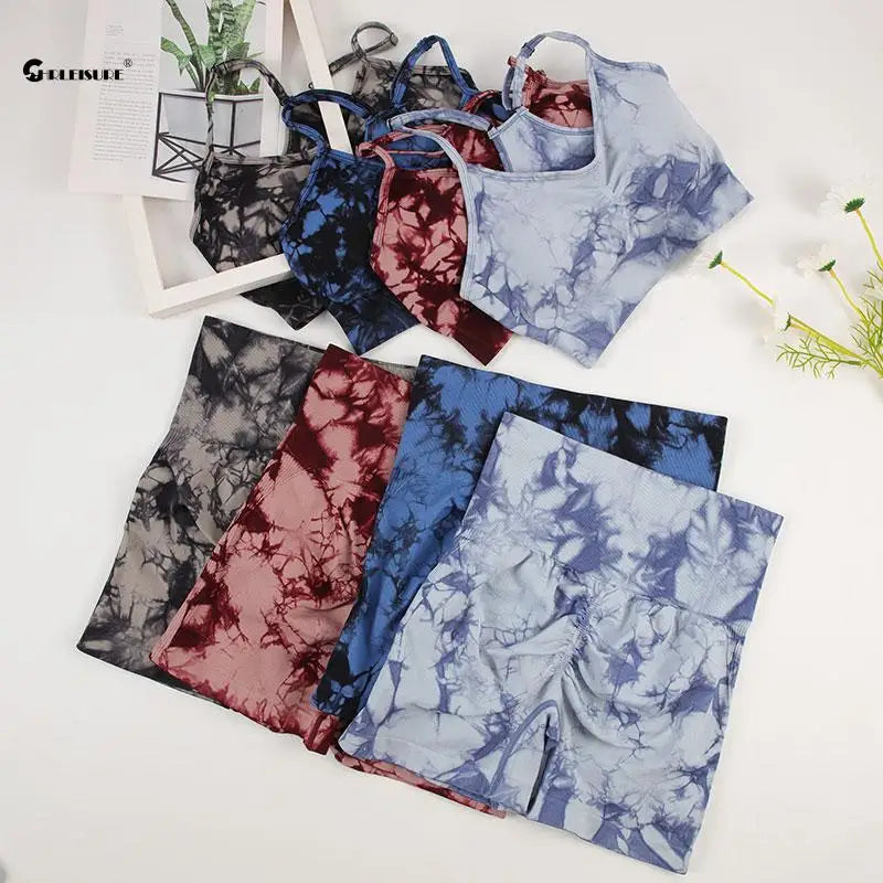 Tie Dye Yoga Set Women Seamless Sports Suit Cycling Shorts with Running Bra Gym Tracksuit Elastic Fitness Outfit