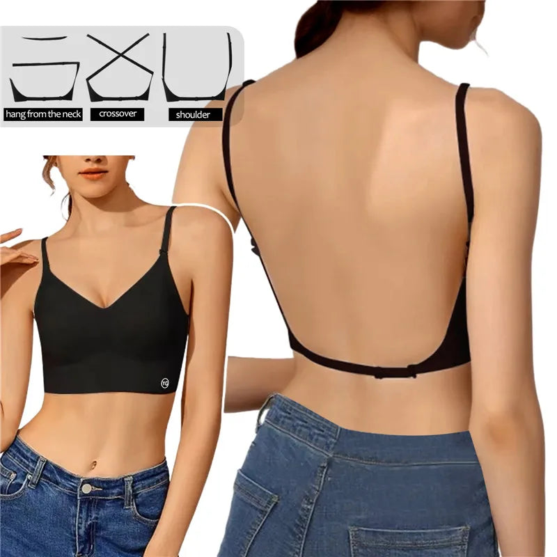 NEW Arrivals 3 Colors Sexy U-Shaped Back Lingerie Female Inner Wear Summer Thin Without Trace Backless Triangle Cup Polymerization Bra Girls Sexy Underwear Supplies