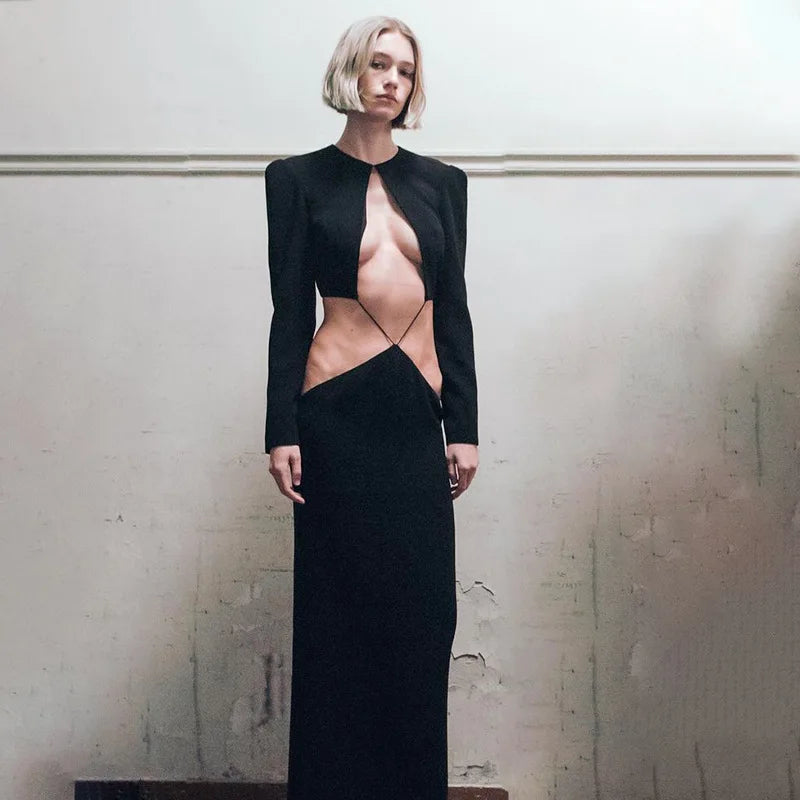 NEW Sexy Fashion Black Sexy Cut Out Maxi Dress Bandage Evening Party Night Club Outfits Long Sleeve Plunge Dresses Elegant Gown Ladies Sexy Fashion Clothing Supplies