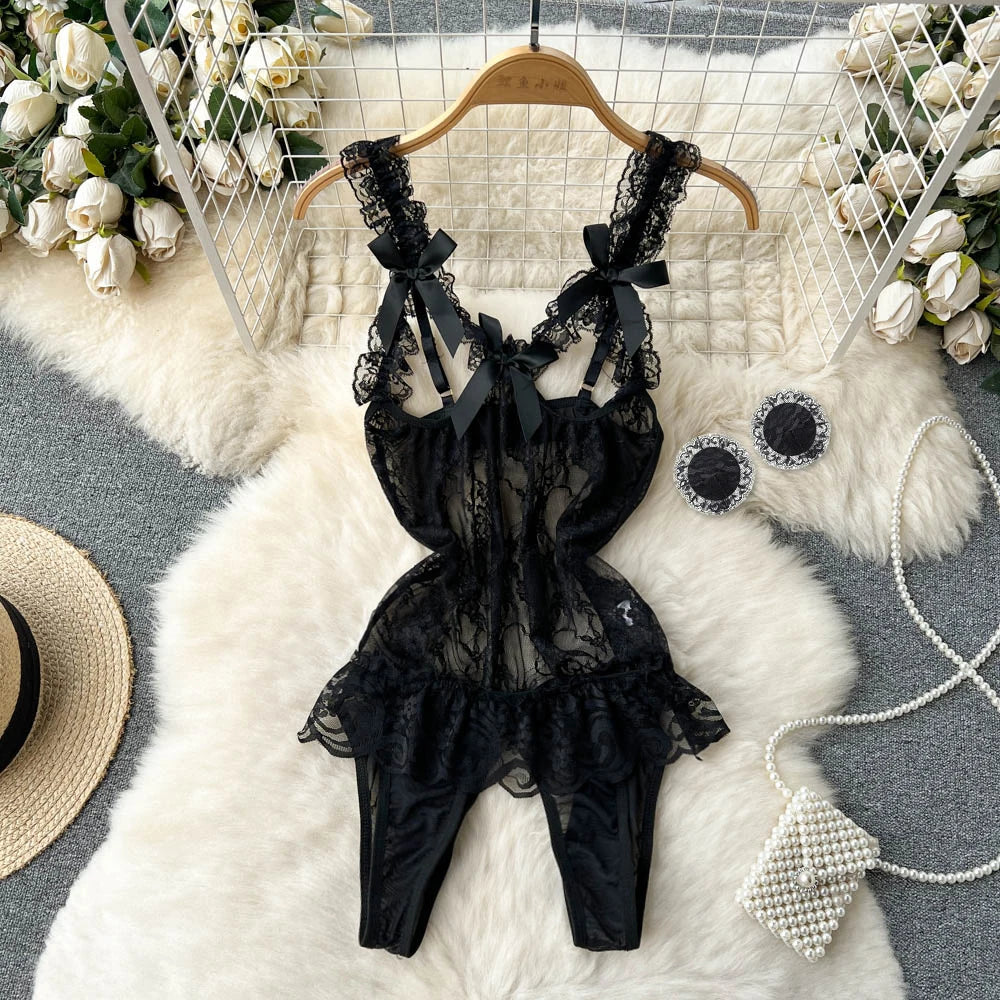 Women's Hollow Combination Bodysuit Slim Fit Erotic Mesh Lace Jumpsuit Bodysuit Sexy Fashion Pajamas
