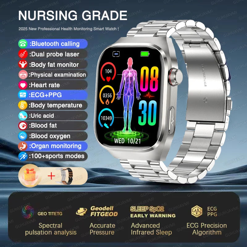 NEW Arrivals Micro Physical Examination ECG Smart Watch Women Men Uric Acid Body Fat Five Organ BP Health Watches HD Call Smart Bracelet Health Care Supplies