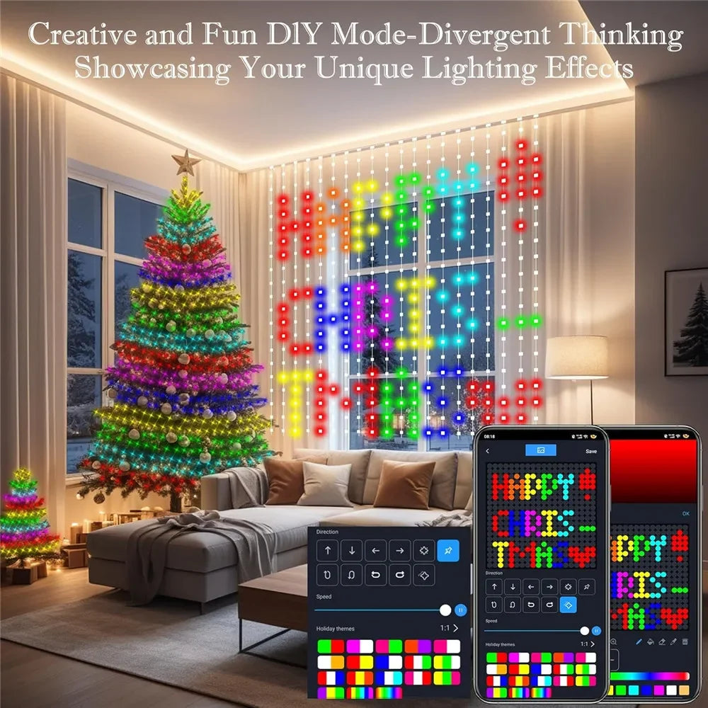 Ai Smart Window Curtain Lights 400LEDs Smart Curtain Lights DIY Text LED String RGB Waterproof Fairy Lights Music Sync Display for Window Bedroom Wedding Party Shops Night Clubs Decor