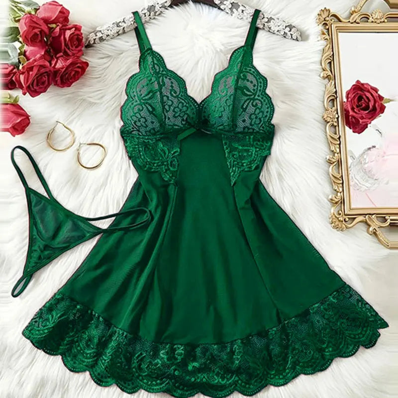 NEW Arrivals 2PCS Set S-2XL G-String Nightgown Set For Sexy Woman Summer Night Dress Ultra-Thin See-Through Pajamas Sets Lace Sleepwear Suspender Lingerie Ladies Sexy Nightdress Suit