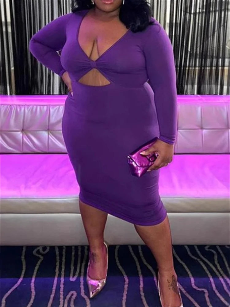 NEW Arrivals XL(18)-5XL(26-28) UK Plus Size Sexy Spring Summer Purple Dress Chubby Women Bodycon Stretch V-Neck Hollow Out Elegant Long Sleeve Summer Evening Party Maxi Dress