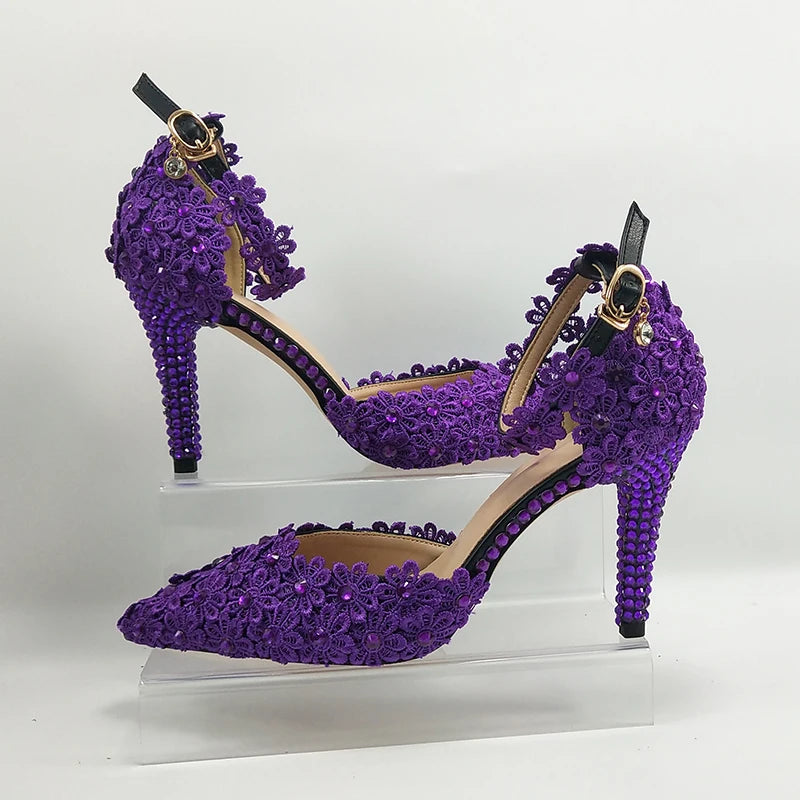 NEW Arrivals Italian Design Purple Lace Flower Luxury Wedding Shoes And Bag Set Crystal Heels Pointed Toe Ankle Strap Evening Party Shoes with Matching Bags Lace-Up Girls Ladies Luxury Fashion Apparel Accessories Clothing Pro