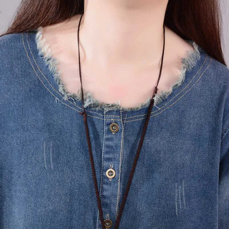 M-2XL Fashion Women's Wash Plush Edge Pockets Loose Denim Dress Autumn Trendy O-Neck Long Sleeves Dresses Female 1LS006 Female Streetwear Casual Clothing Supplies