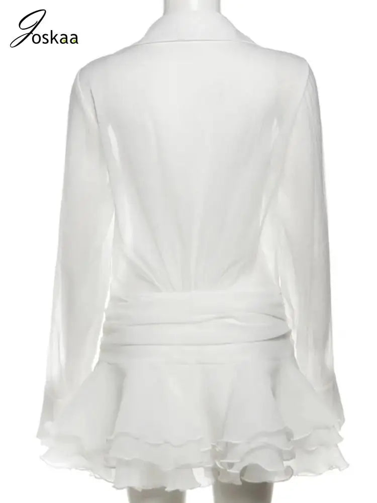 NEW Arrivals UK Size Sexy Mesh See Through Mini White Dress Women Hipster Lapel Single Breasted Full Sleeve Tiered Dresses Spring Evening Party Summer Beach Night Clubwear Dress