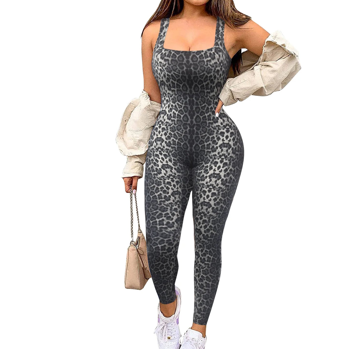 NEW S-2XL 5 Colors Leopard/Snakeskin Women Sexy Sleeveless Bodysuit Threaded Square Neck Open Back Hip Lifting Slim Fit Jumpsuit Girls Streetwear Sexy Fashion Clothing Supplies