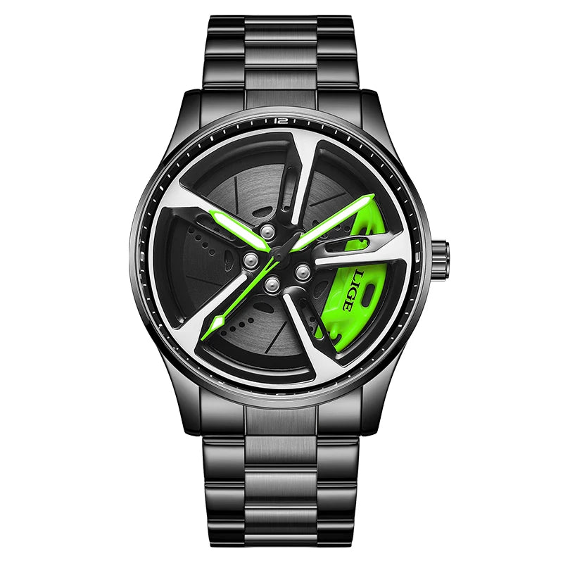 New 30Km Waterproof 6 Colors Sports 3D Xiaomi Car Wheel Watch Fashionable Rotating Dial Stainless Steel Strap Waterproof Quartz Watches Reloj Hombre Sports Supplies