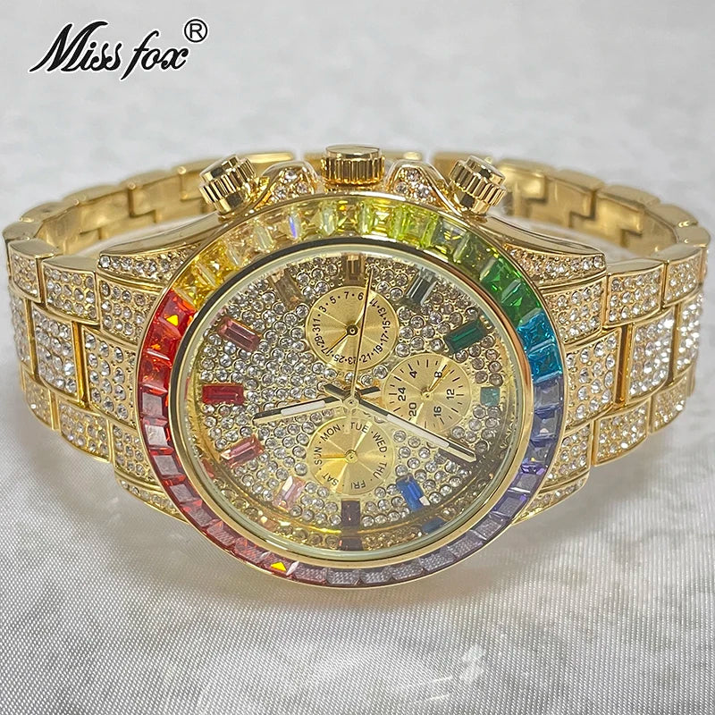 NEW Luxury Brand Gold Hip Hop Watches Men Fashion Rainbow Diamond Waterproof Smart Watch Full Steel Sports Clocks Male Wrist Watches Luxury Gifts for Husband Boyfriend